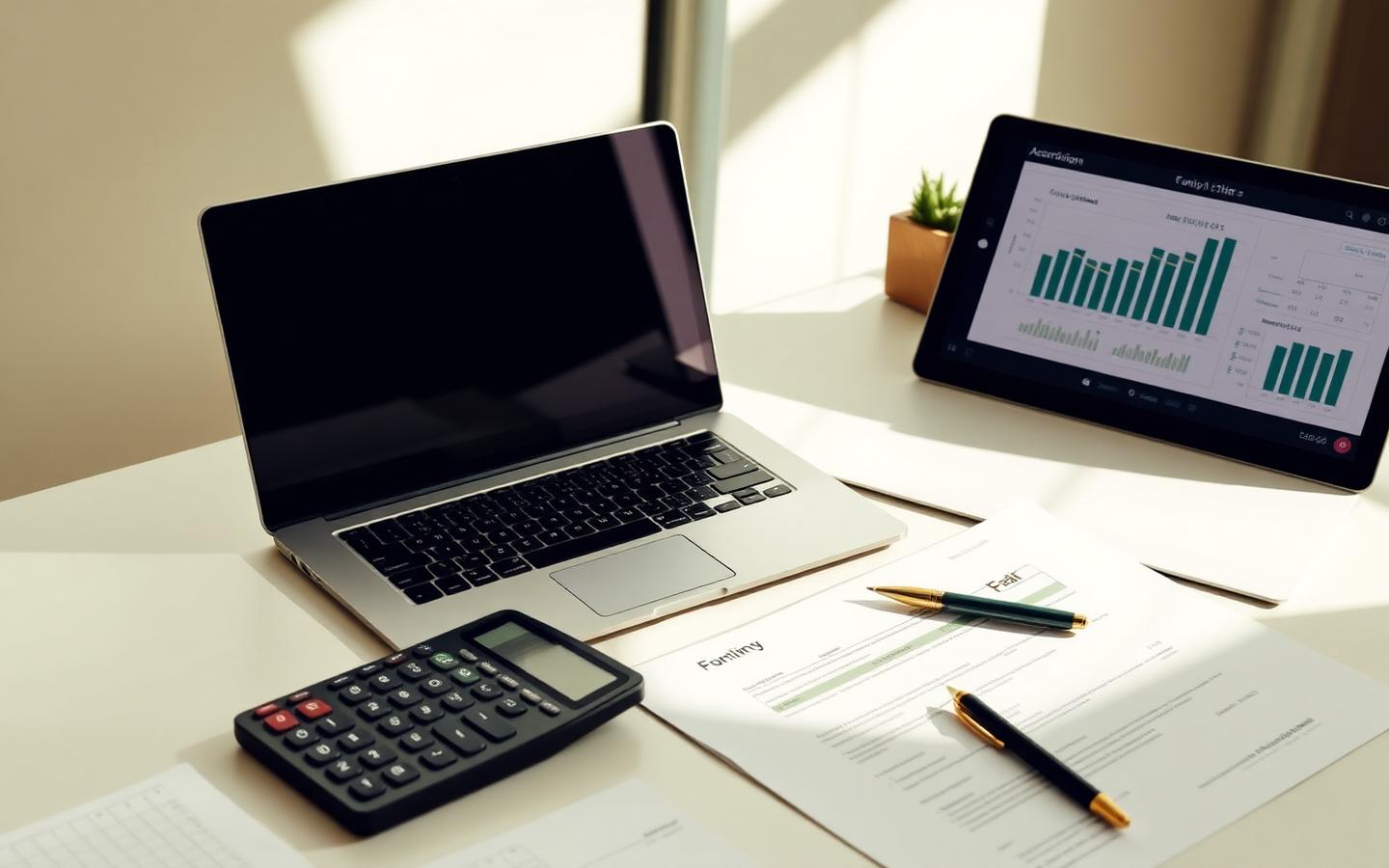Modern accounting workspace with documents and financial charts